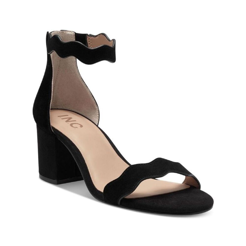 INC Womens Black Kadwin Round Toe Block Heel Leather Sandals Shoes 12 M